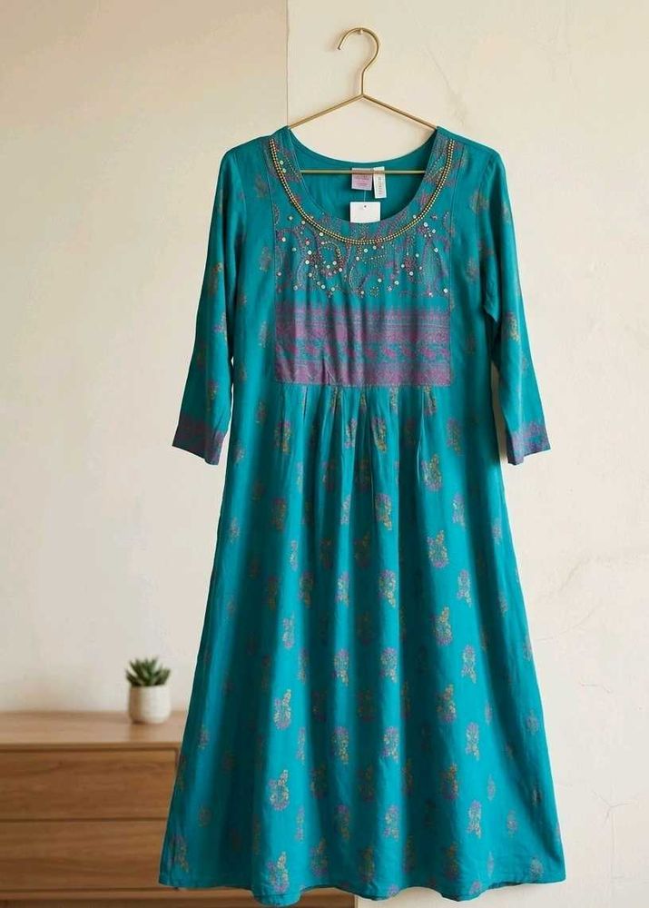 Teal Ethnic Print Anarkali Kurti