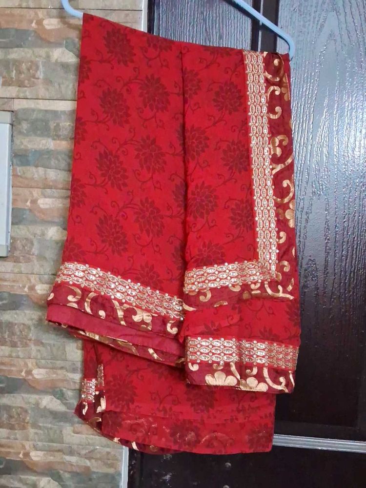 Red Floral Print Saree with Embellished Border