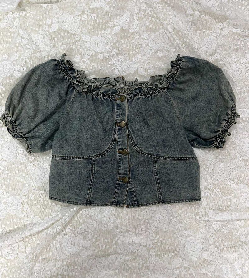 Denim Off-Shoulder Puff Sleeve Top