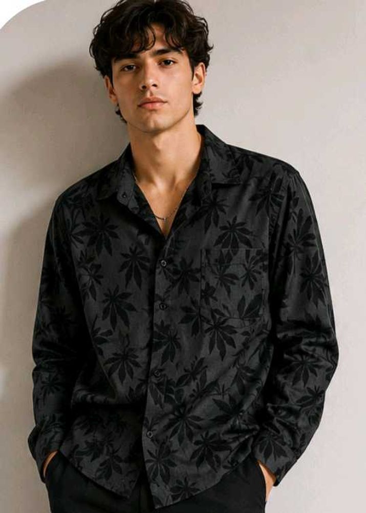Men's Dark Leaf Print Button-Up Shirt