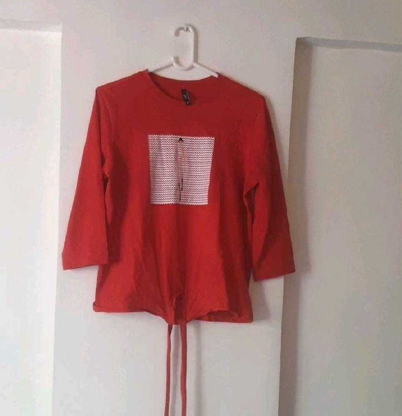 Red Tie-Front Top with Graphic Print