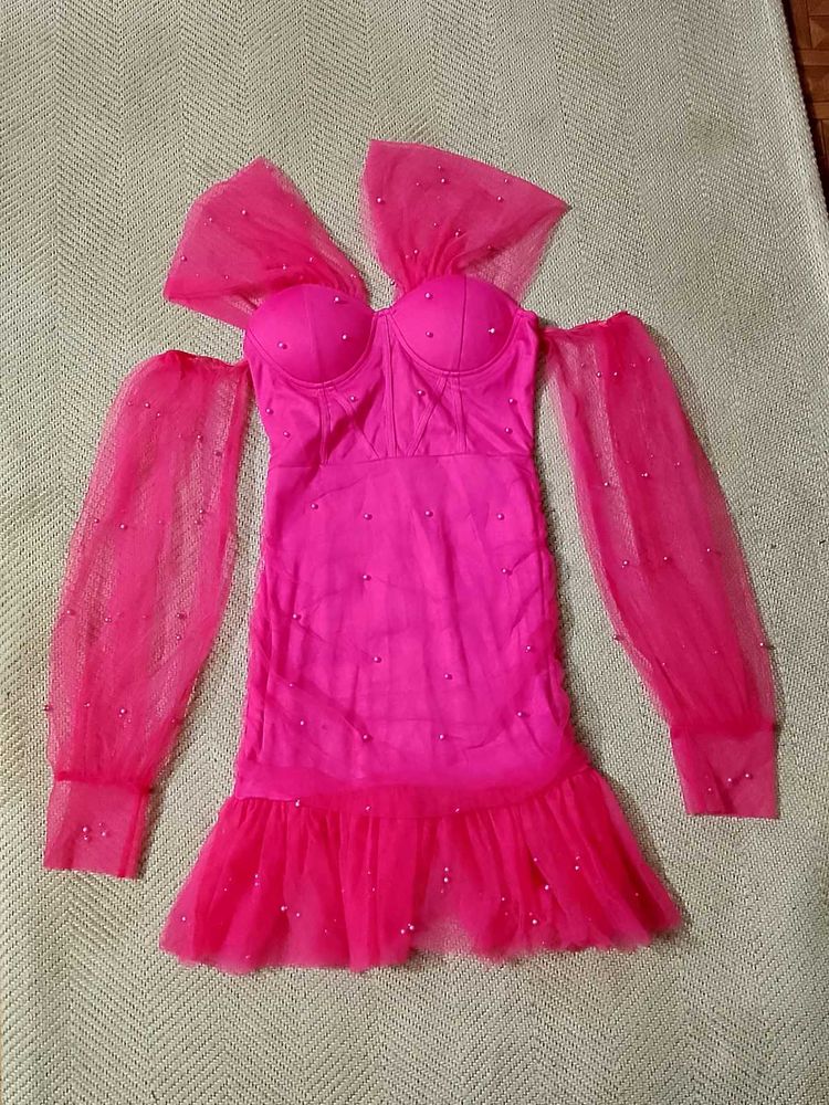 Hot Pink Tulle Pearl Embellished Dress