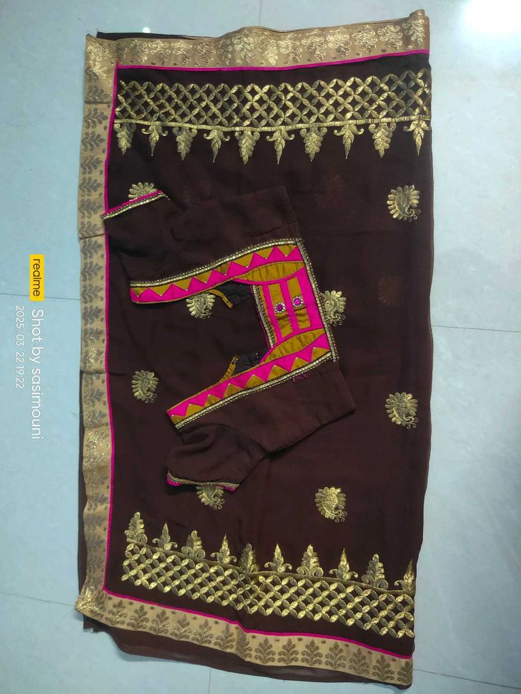 Brown Colour Saree &amp; Stiching Work Blouse