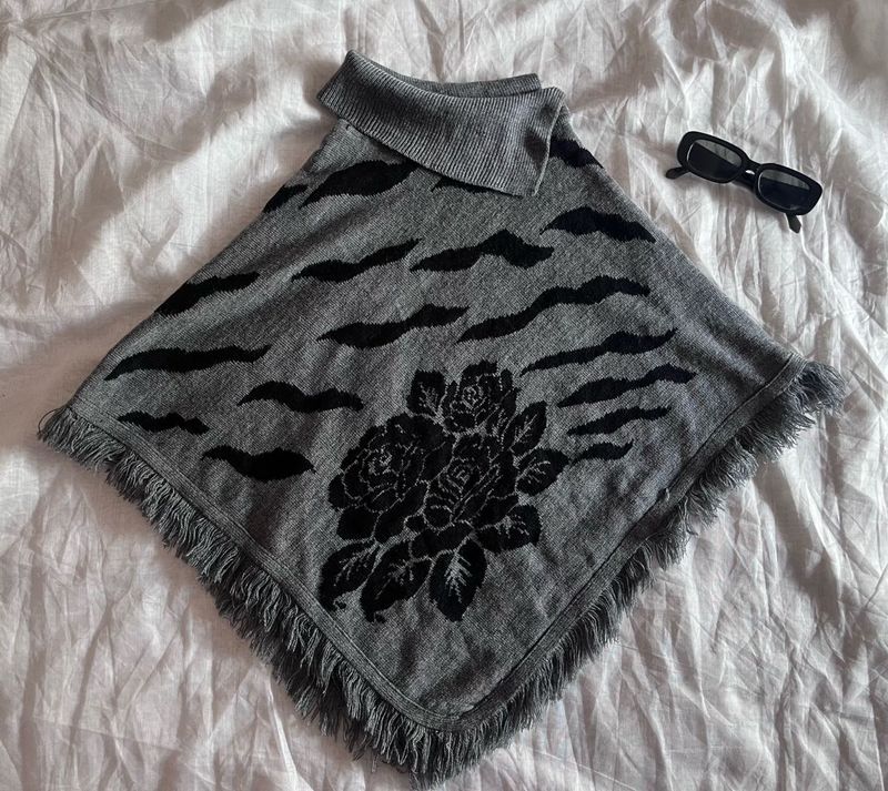 Stylish Grey Floral Poncho