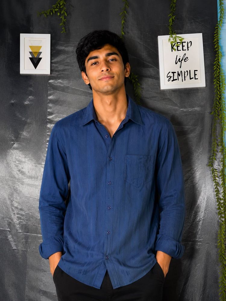 Men's Navy Blue Striped Button-Up Shirt
