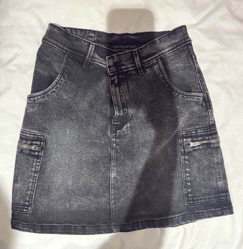 Grey Washed Denim Cargo Skirt