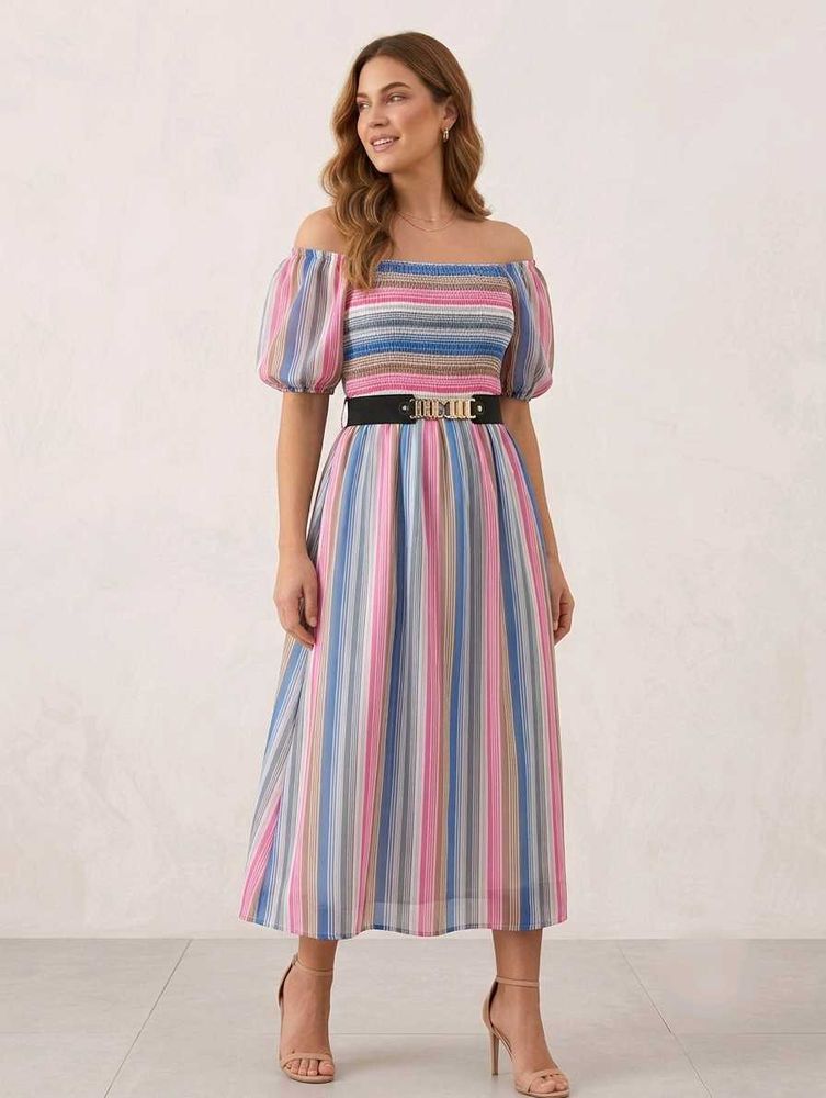 Chic Off-Shoulder Striped Midi Dress