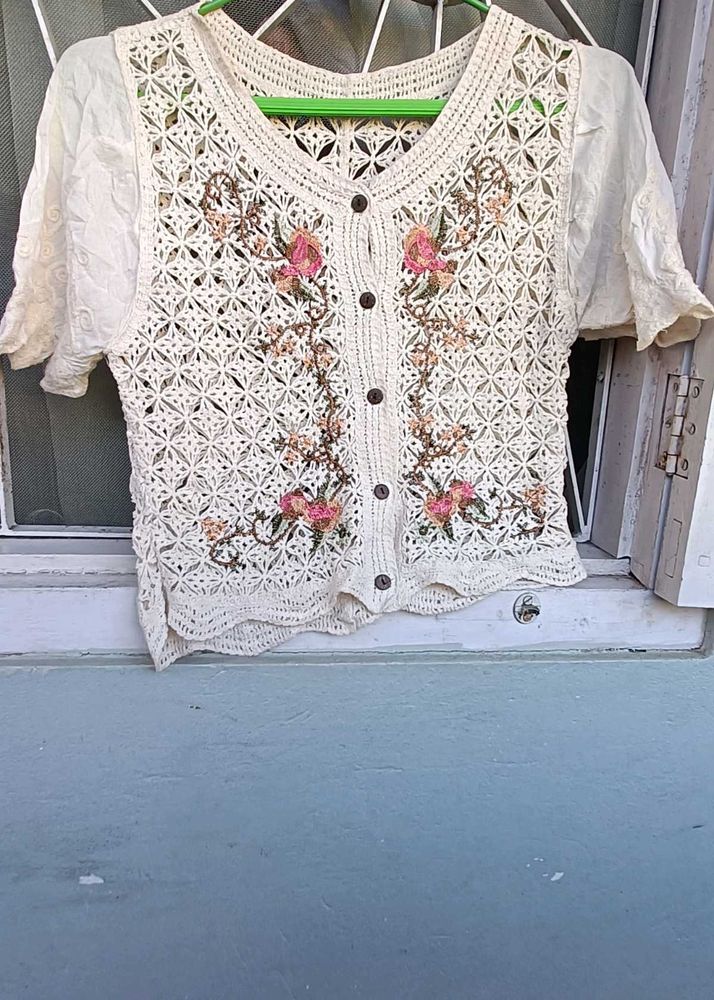 Crochet Floral Button-Up Blouse