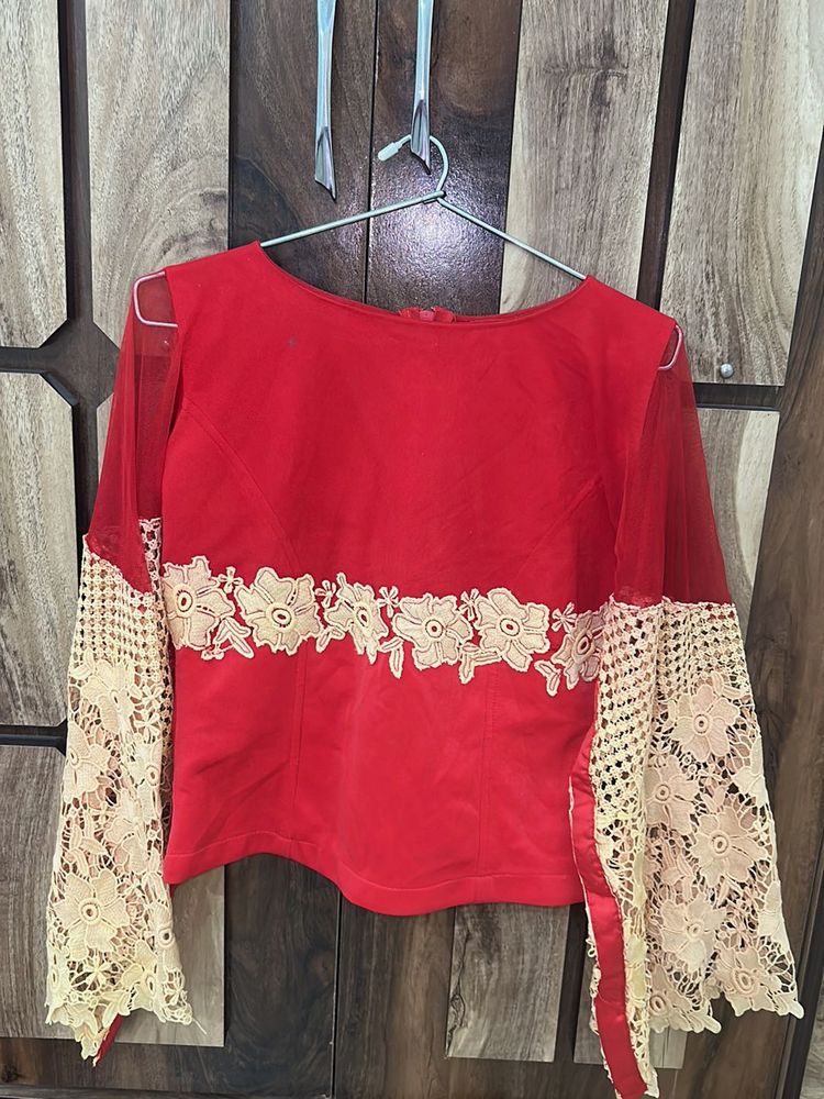 Red Embroidered Bell Sleeve Blouse