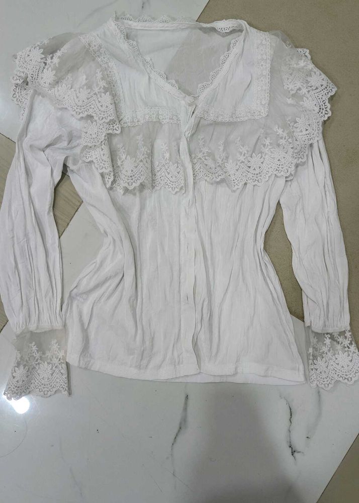 Sheer Lace Trim ruffled White Blouse