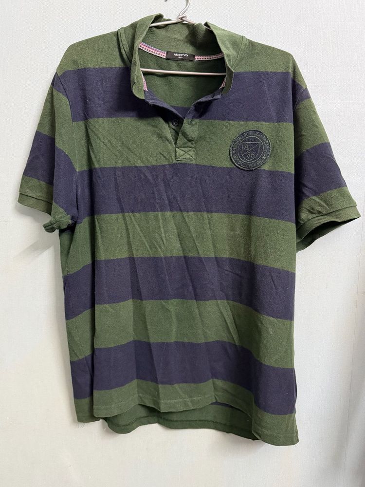 Green &amp; Navy Striped Polo T-Shirt