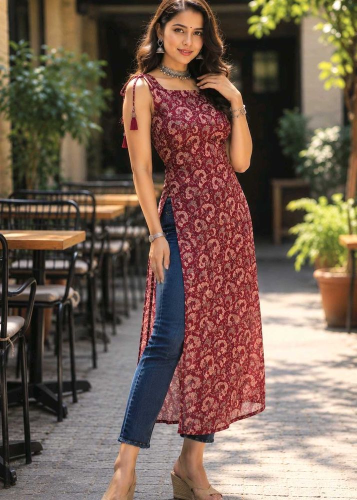 Stylish Maroon Printed Sleeveless Kurta