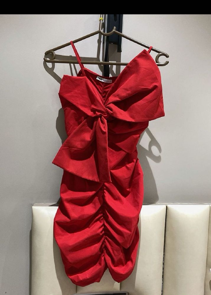 Zara Red Ruched Bow Detail Mini Dress