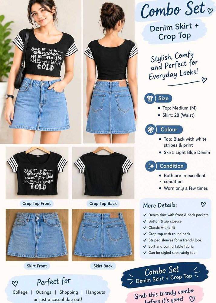 ✨ Trendy Denim Skirt + Crop Top Combo Set ✨