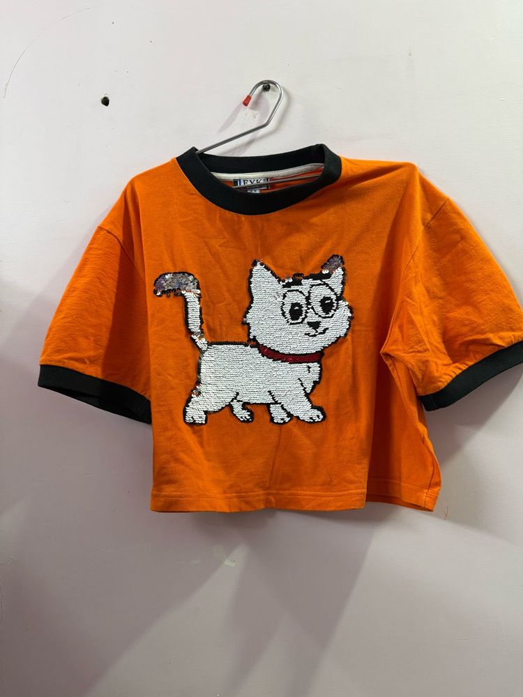 Orange Cat Sequin Cropped T-Shirt