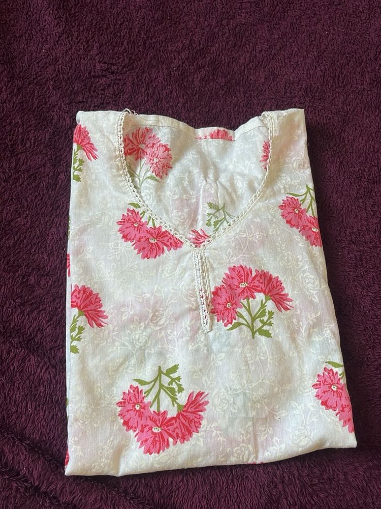 White Kurta with Pink Floral Print