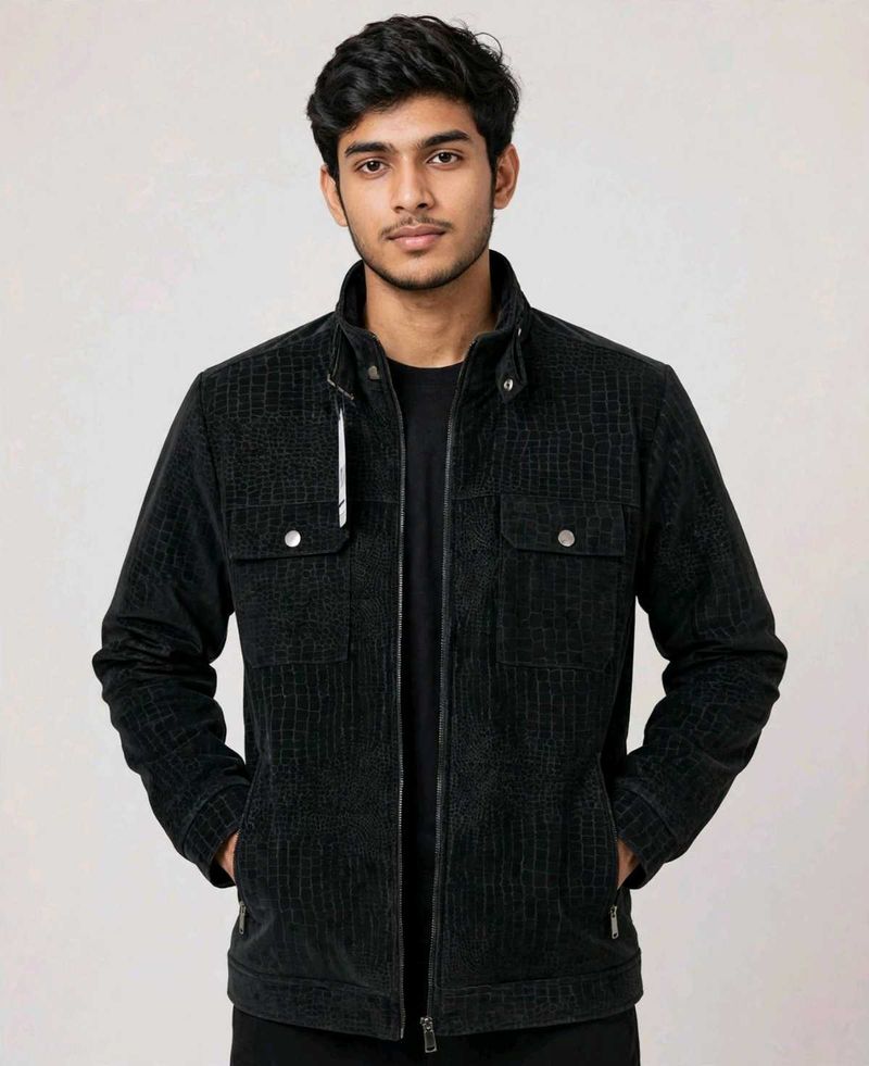 Men Black Crocodile Embossed Leather Jacket | Prem