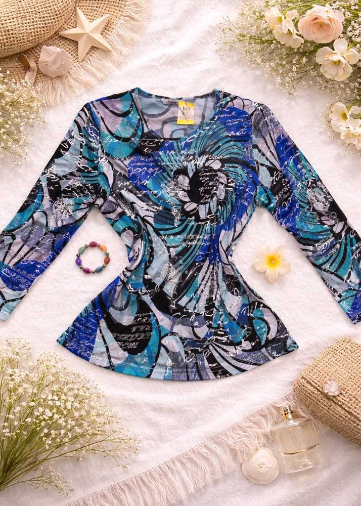 Blue Abstract Print Long Sleeve Top