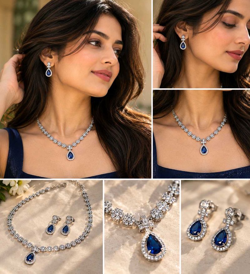 Elegant Sapphire &amp; Diamond Necklace &amp; Earring Set