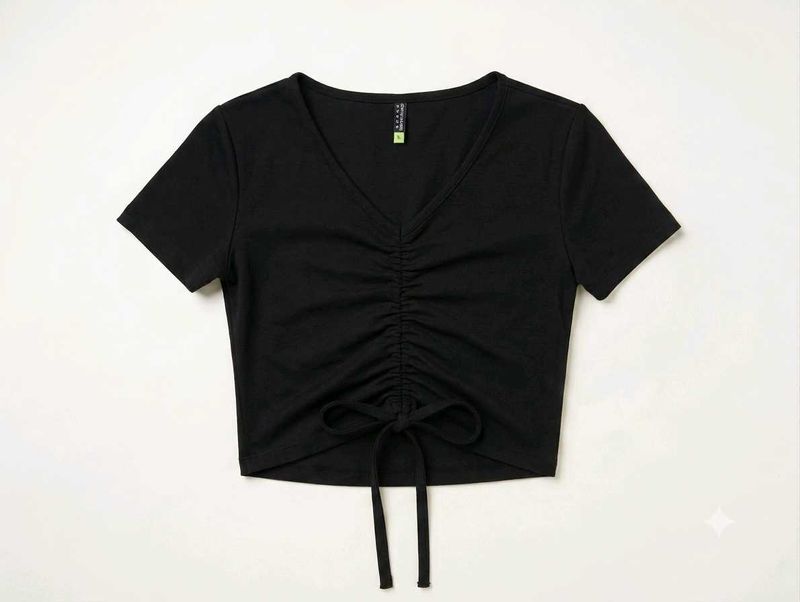 Black Ruched V-Neck Cropped Top🖤