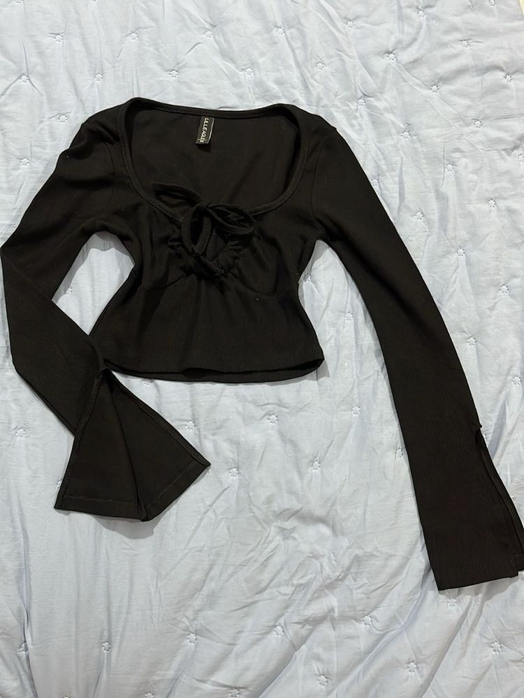 Black Bell Sleeve Tie-Front Top
