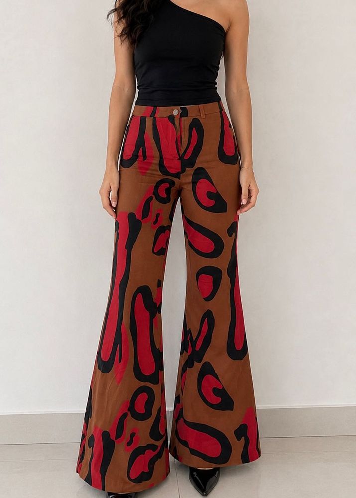 Brown &amp; Red Abstract Print bootcut Pants