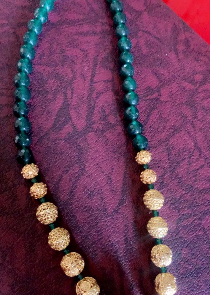 Green And Golden Beeds Beautiful Mala No Earrings