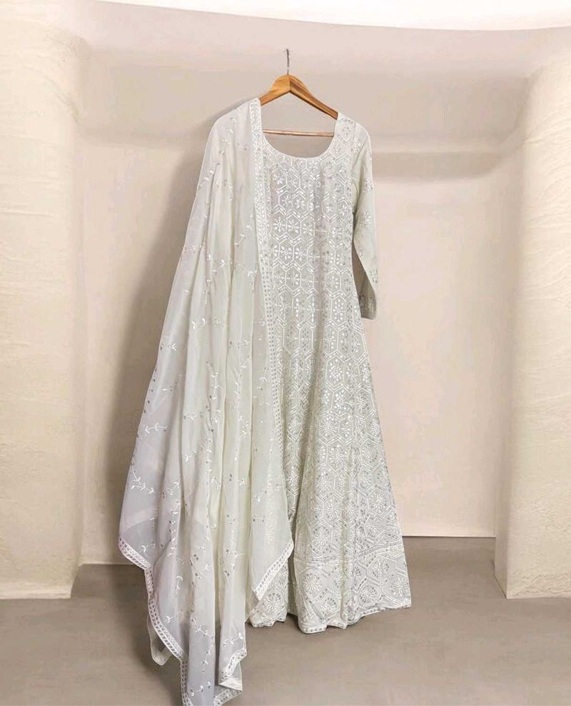 White Anarkali Gown with Dupatta