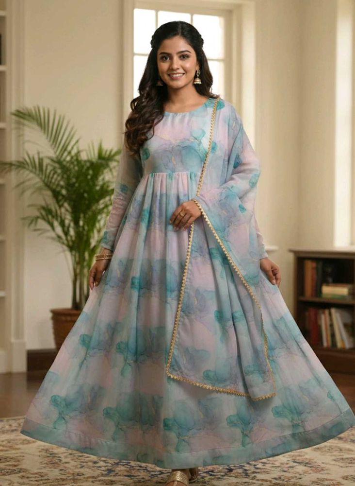 Elegant Printed Anarkali Kurta with Dupatta