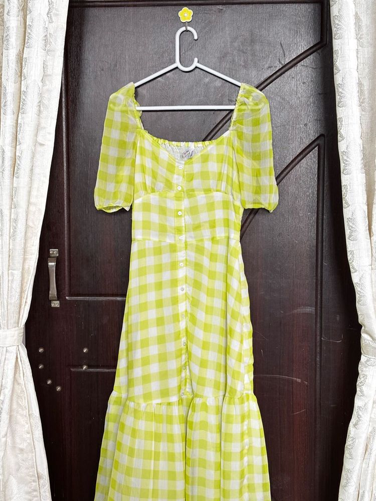Sheer Gingham Button-Up Midi Dress