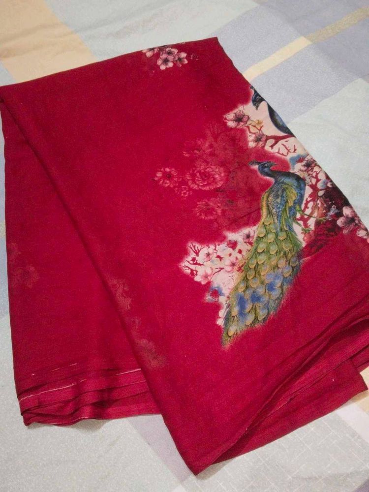 Vibrant Red Saree with Peacock Print