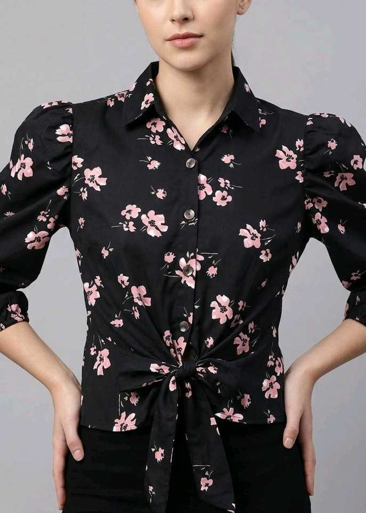 Chic Floral Print Tie-Front Blouse