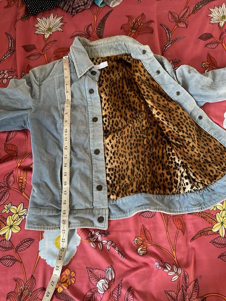 Light Blue Corduroy Jacket with Leopard Print