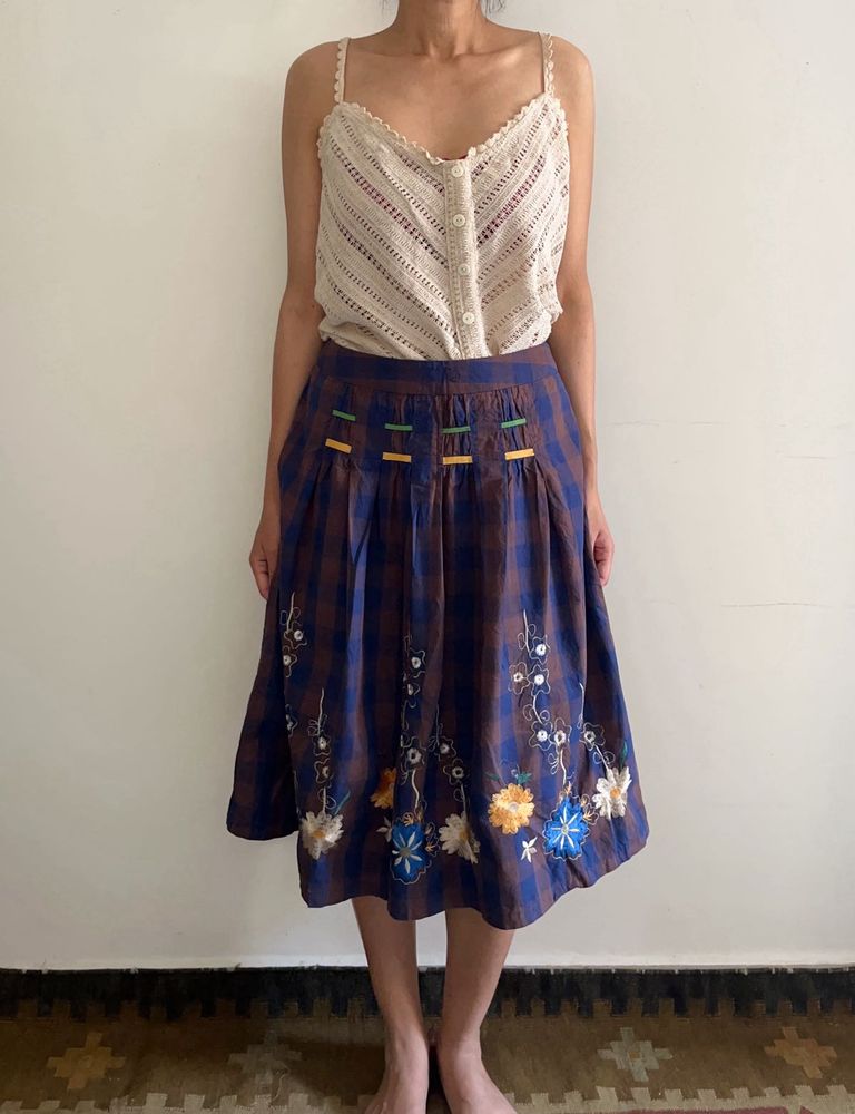 Cottage-core embroidered midi skirt