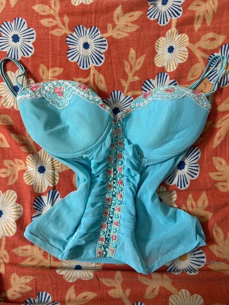 🌊Aqua Blue Embroidered Corset Top