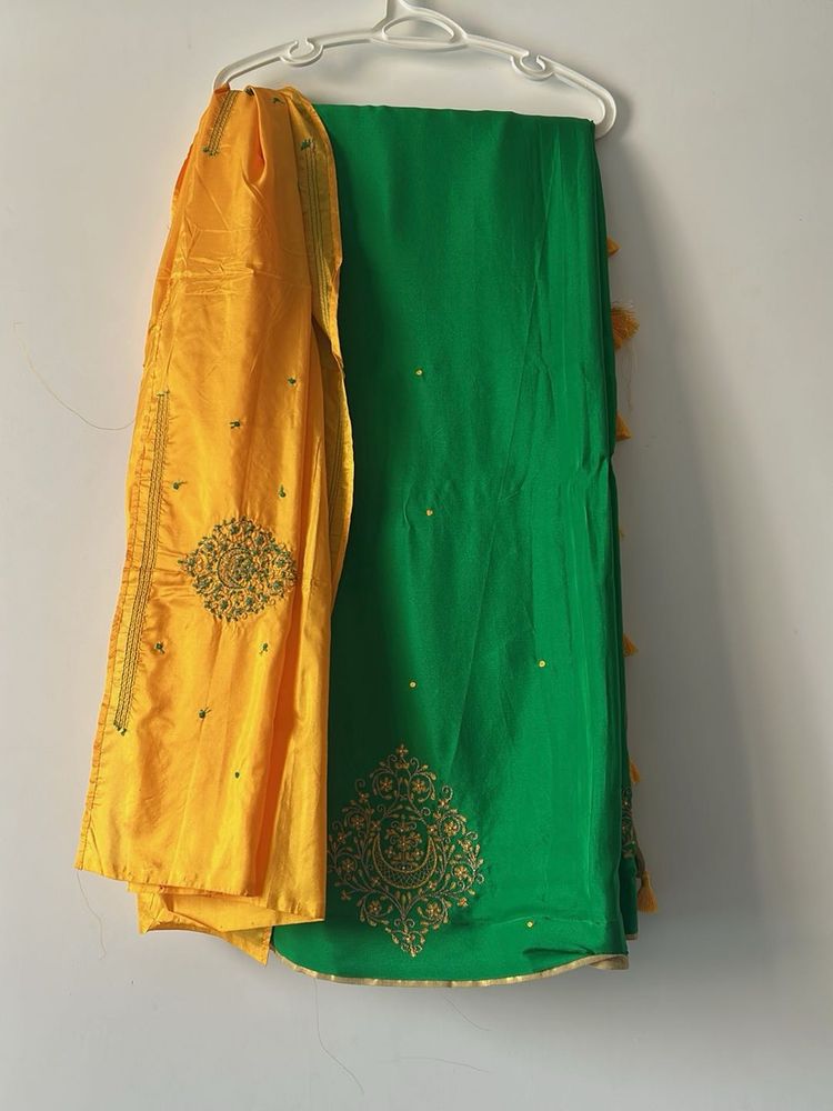 Vibrant Green &amp; Yellow Embroidered Saree