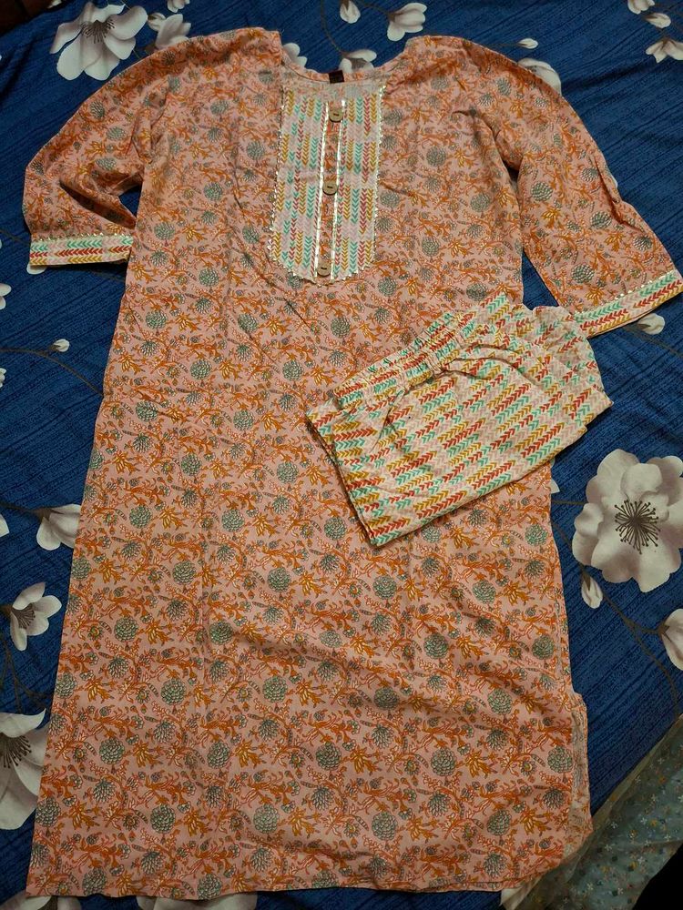 Peach Floral Print Kurta with Pants