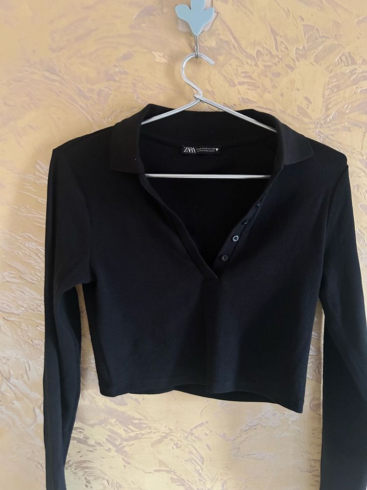 ZARA Black Ribbed Long Sleeve Crop Top