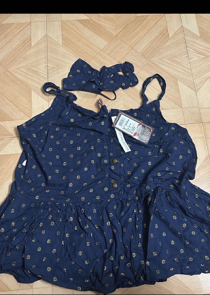 Girls Navy Blue Kurti with Hairband and mask  Set