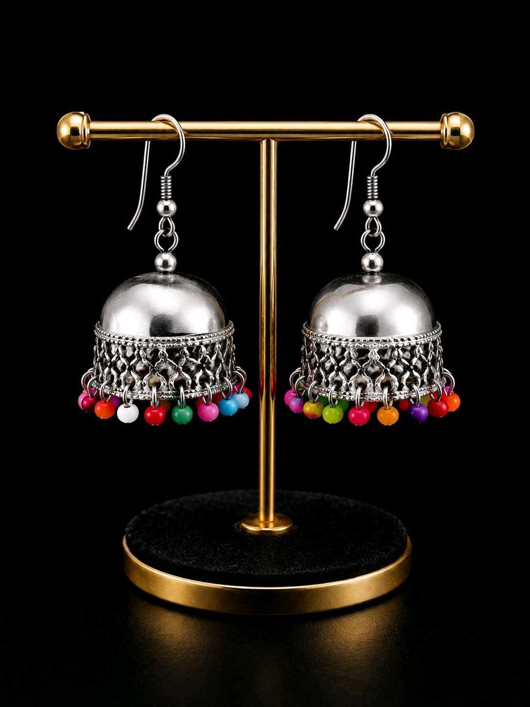 Boho Silver Jhumka Earrings with Colorful Beads