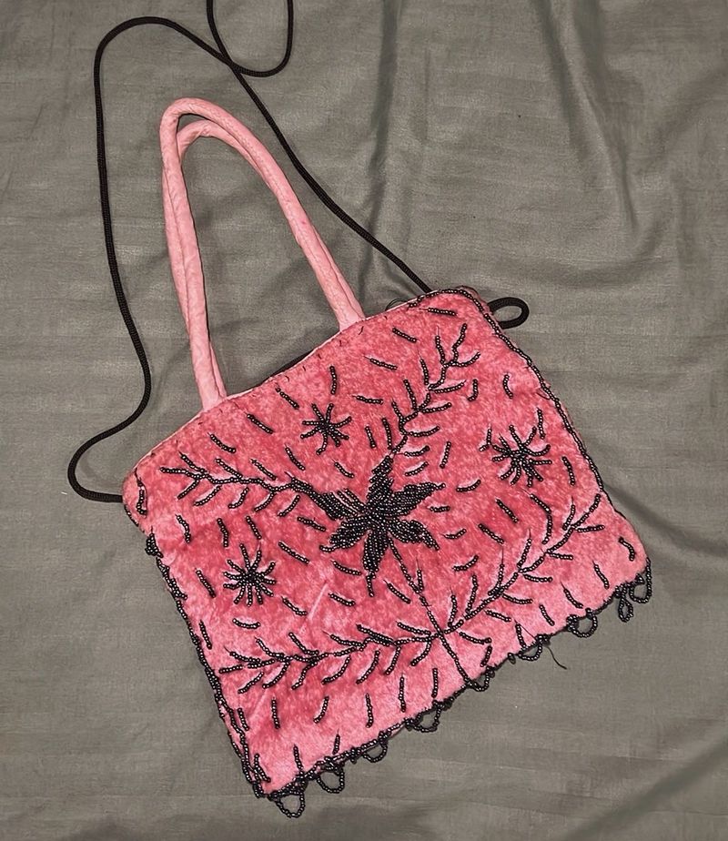 Handmade Pink Beaded Velvet Handbag