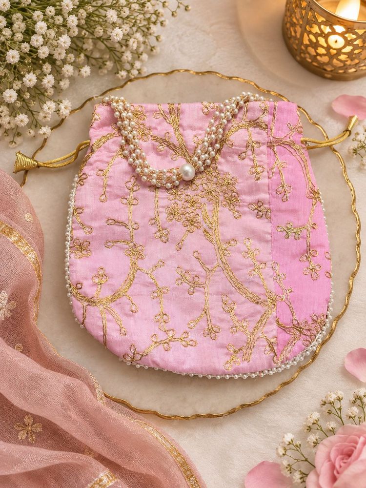 Elegant Pink Embroidered Clutch