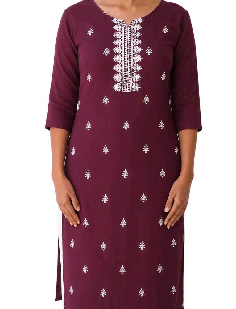 Maroon Embroidered Cotton Kurta