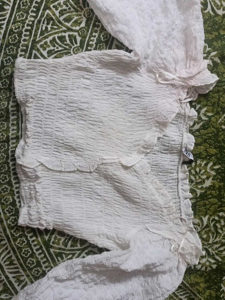 White Smocked Crop Top with Ruffles