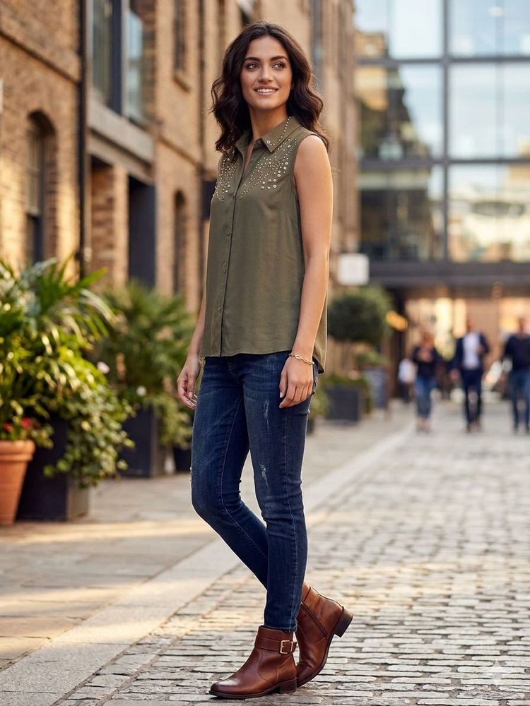 Stylish Sleeveless Embellished Olive Top