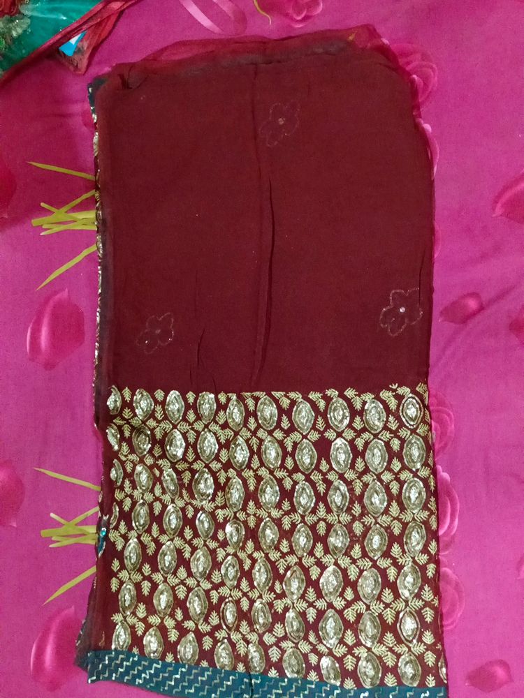 Dark Maroon Heavy Stone Saree With Stitched Blouse