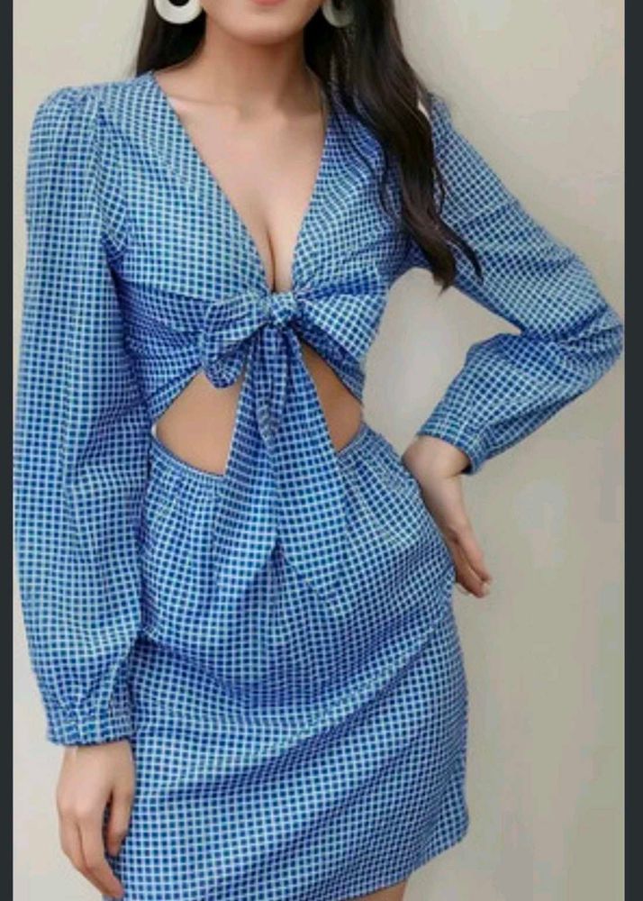 Blue Gingham Tie Front Cutout Dress