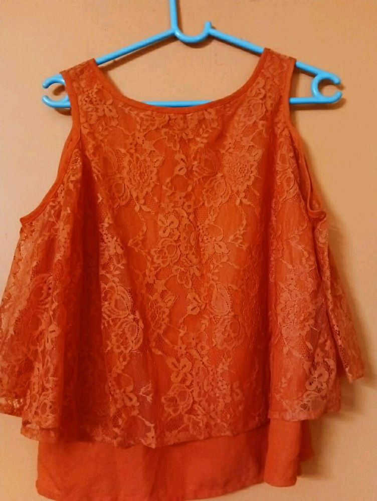 Orange Lace Cold Shoulder Top