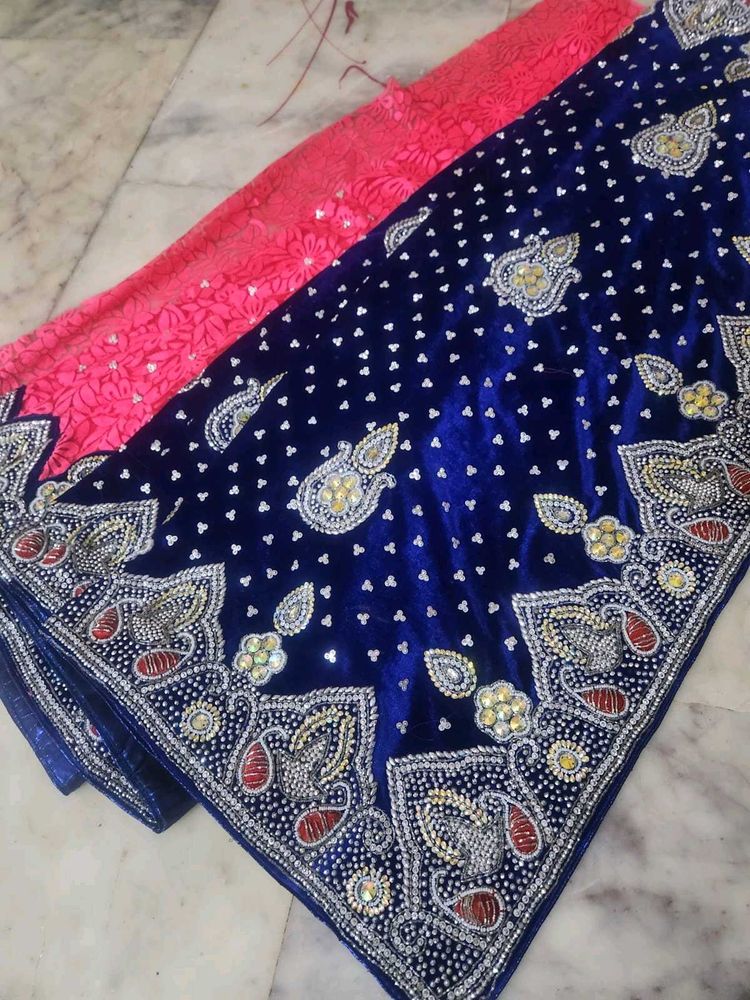 Blue &amp; Pink Velvet Saree