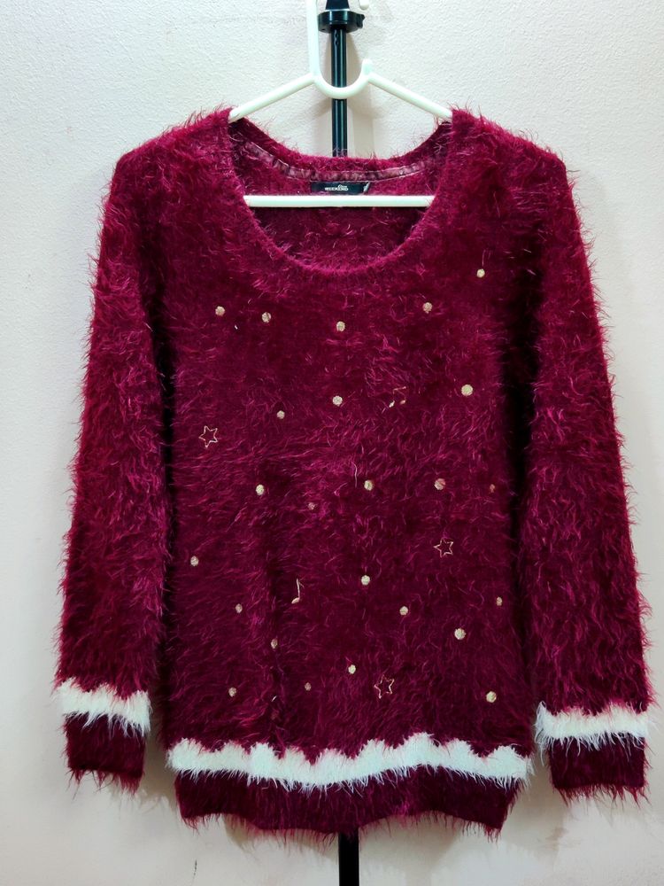 Premium imported red, pearl-embellished sweater